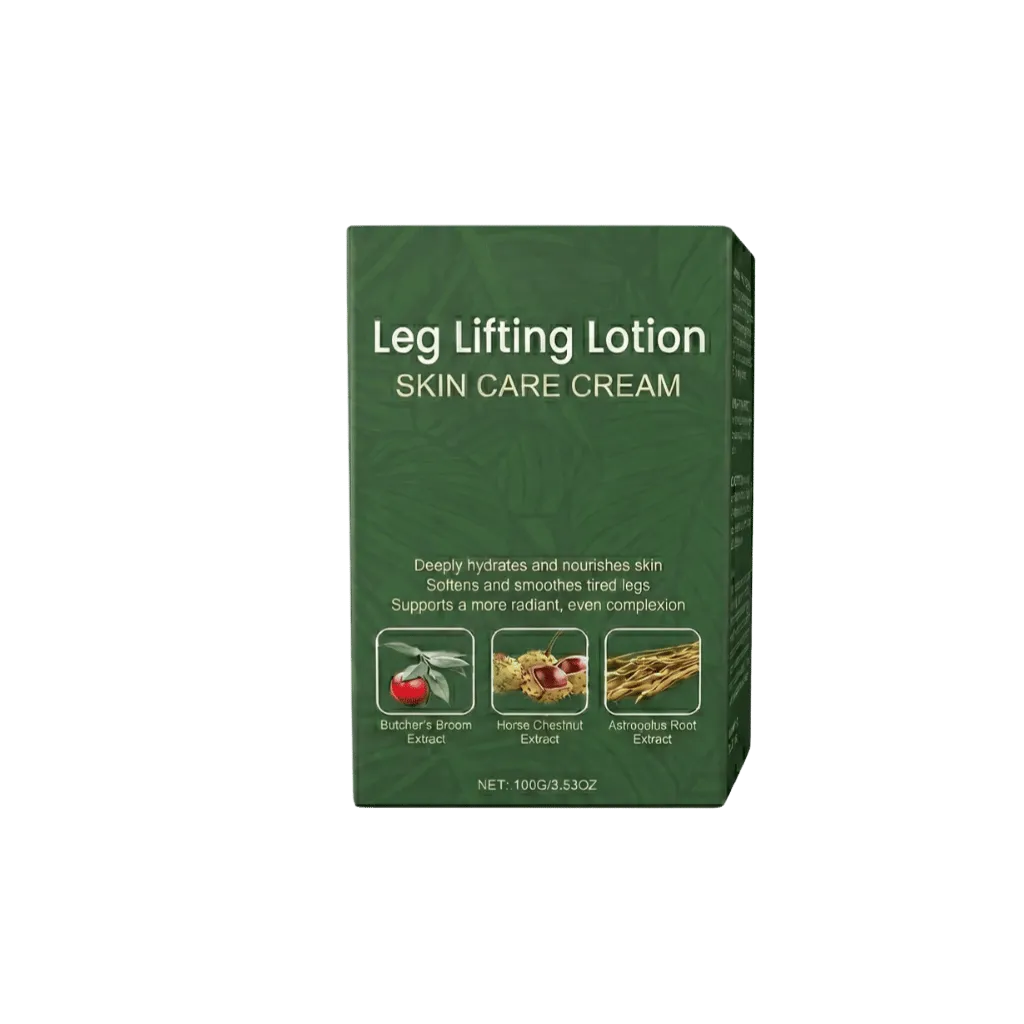 Premium Leg Lifting Lotion packaging showcasing key benefits of smoother, firmer skin for a refined, toned appearance.