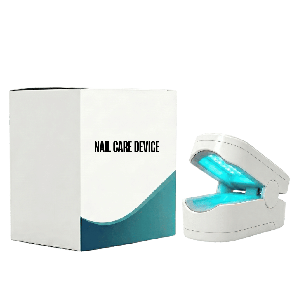 Nail Care Device alongside packaging, showcasing its compact design and light technology for nail care.