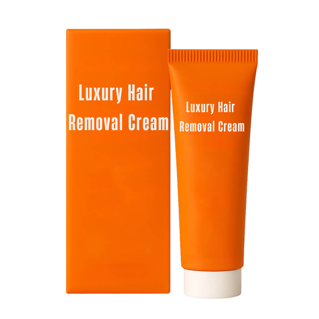 Luxury Hair Removal Cream in an orange tube and box, designed for a smooth and refined skin appearance.