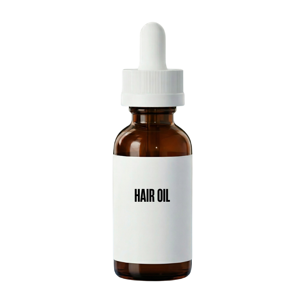 Bottle of Hair Oil with dropper for nourishing scalp and fuller hair.