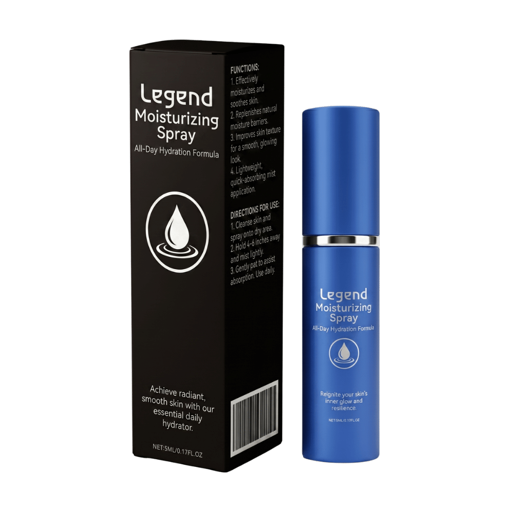 Legend Moisturizing Spray bottle and packaging, designed for all-day skin hydration and soothing care.