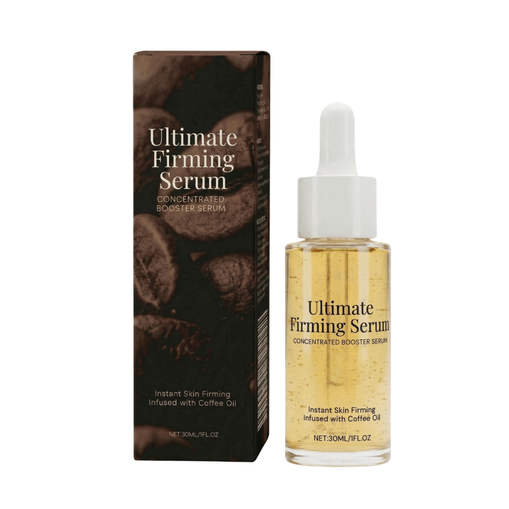 Bottle and box of Ultimate Firming Serum, a concentrated booster serum infused with coffee oil.