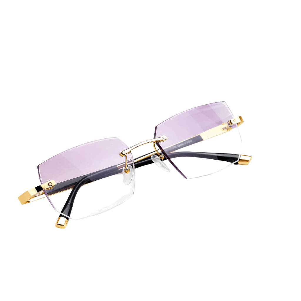 Ultra Restore Glasses showcasing a stylish, modern design with gold accents and purple lenses.