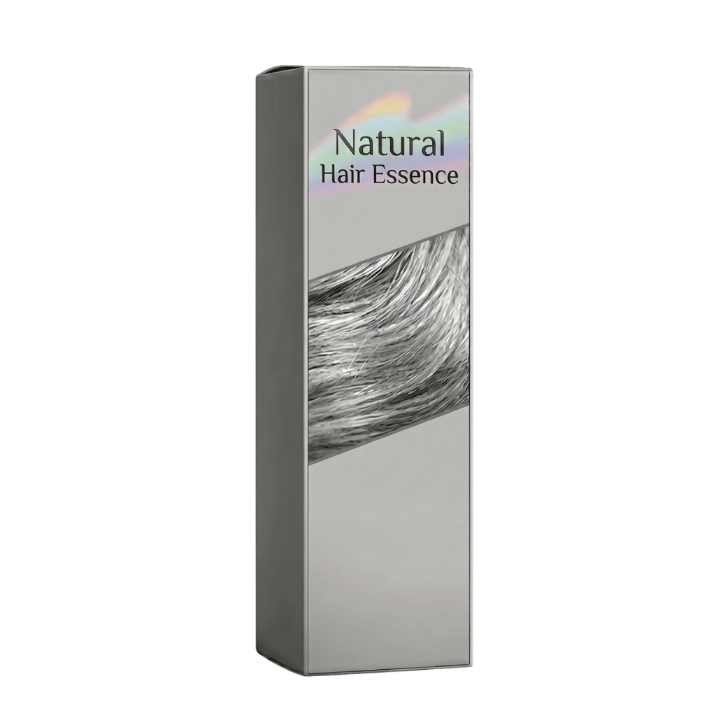 Natural Hair Essence hair care product box designed for shiny, polished gray or silver strands.