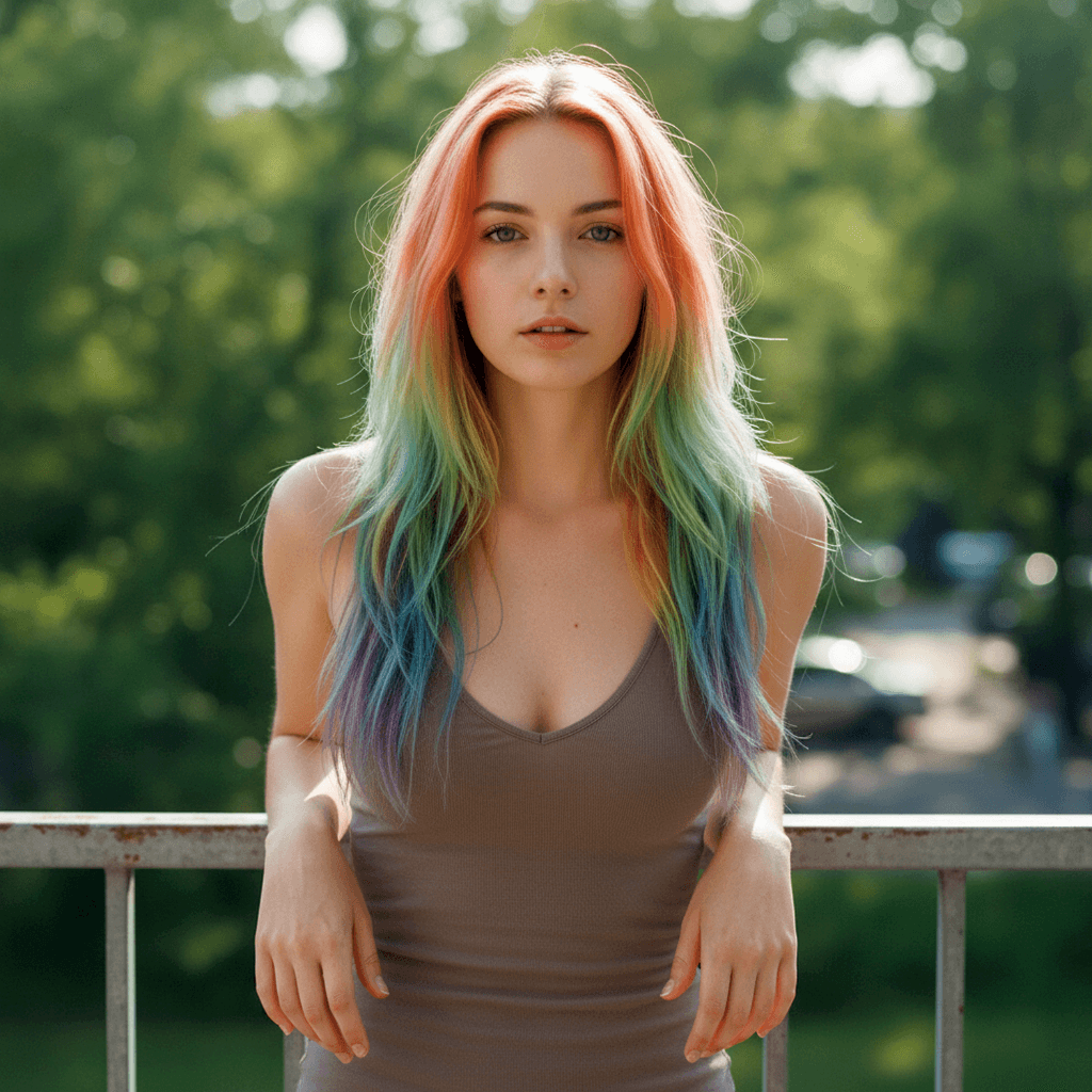 A young woman with vibrant rainbow hair, showcasing a fresh, natural beauty in a bright outdoor setting.