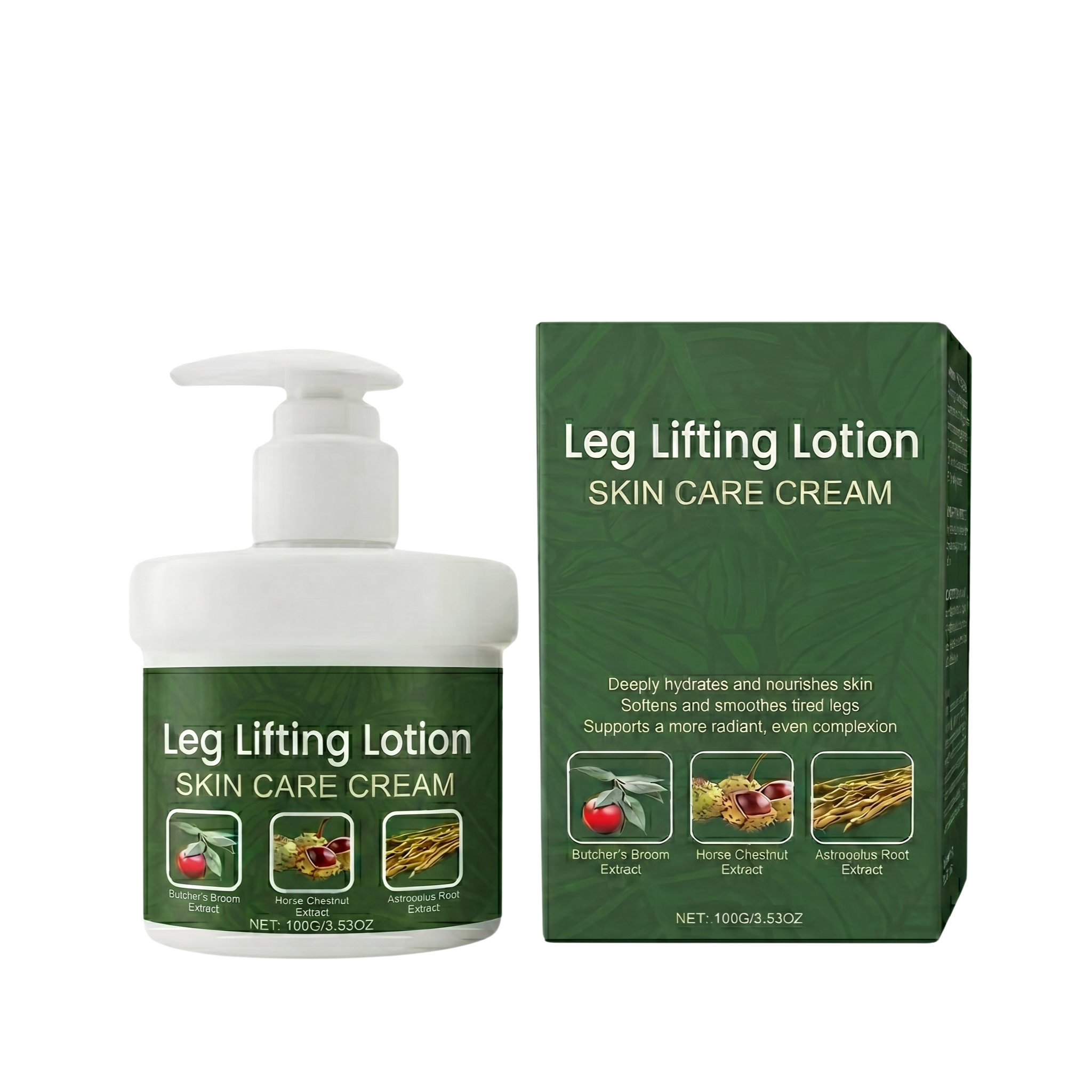 Leg Lifting Lotion bottle and box, a skin care cream promoting smoother, firmer skin for a polished look.
