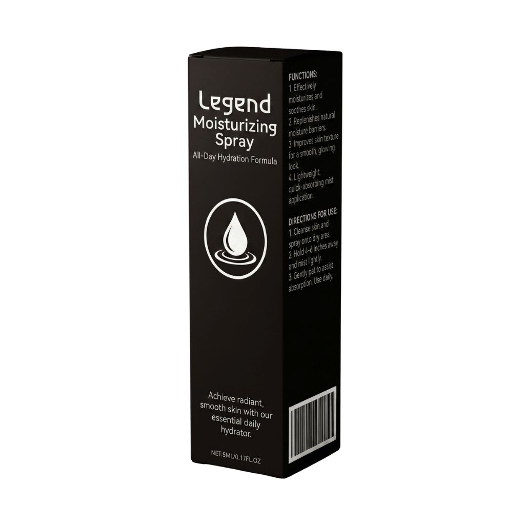 Legend Moisturizing Spray packaging showcasing all-day hydration formula and application directions.