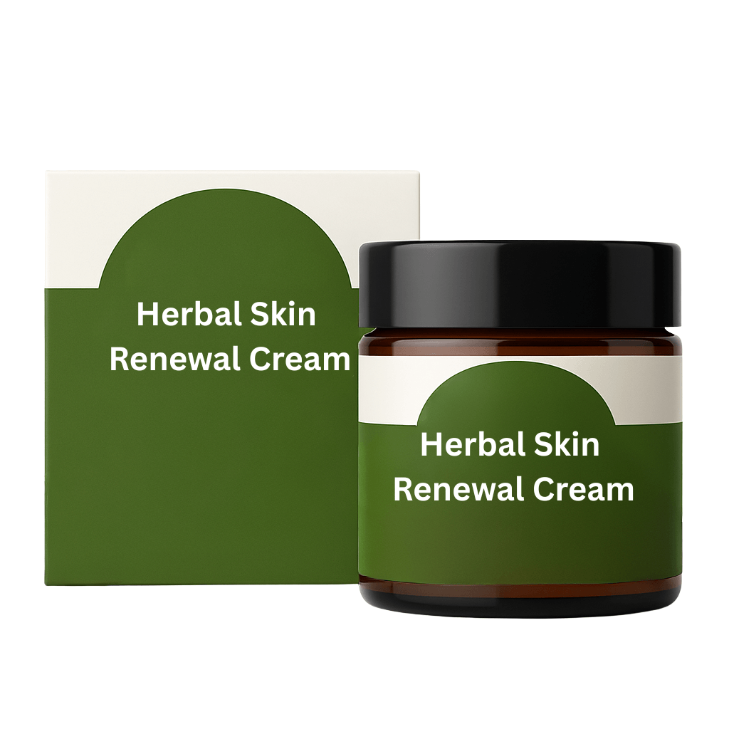 Herbal Skin Renewal Cream jar with box displaying product name and benefits for smooth, clear skin.