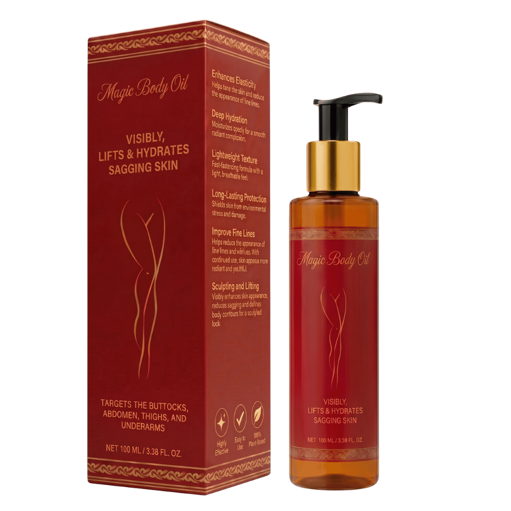 Ultra Body Oil in a pump bottle with red packaging, designed to lift and hydrate sagging skin.