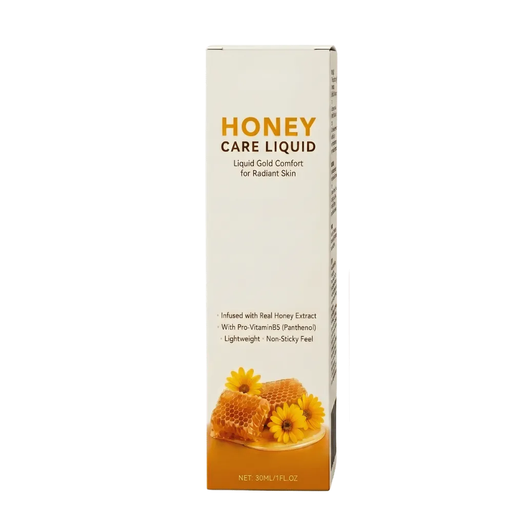Luxe Honey Care Liquid packaging showcasing liquid gold comfort for radiant skin with honey and flower details.