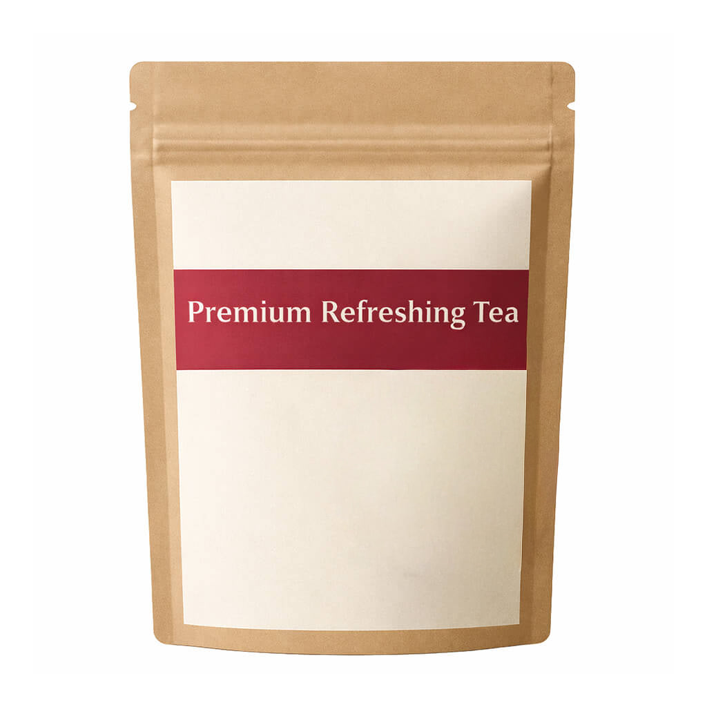 Premium Refreshing Tea package with a minimalist design, showcasing the luxurious tea for enhancing skin's radiance.