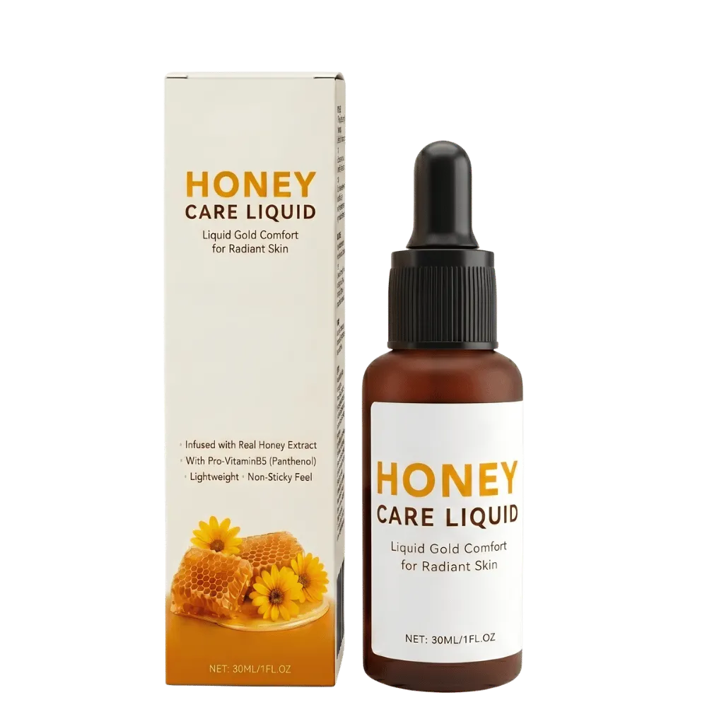 Luxe Honey Care Liquid skincare product in a bottle with a dropper and box, designed for radiant skin.