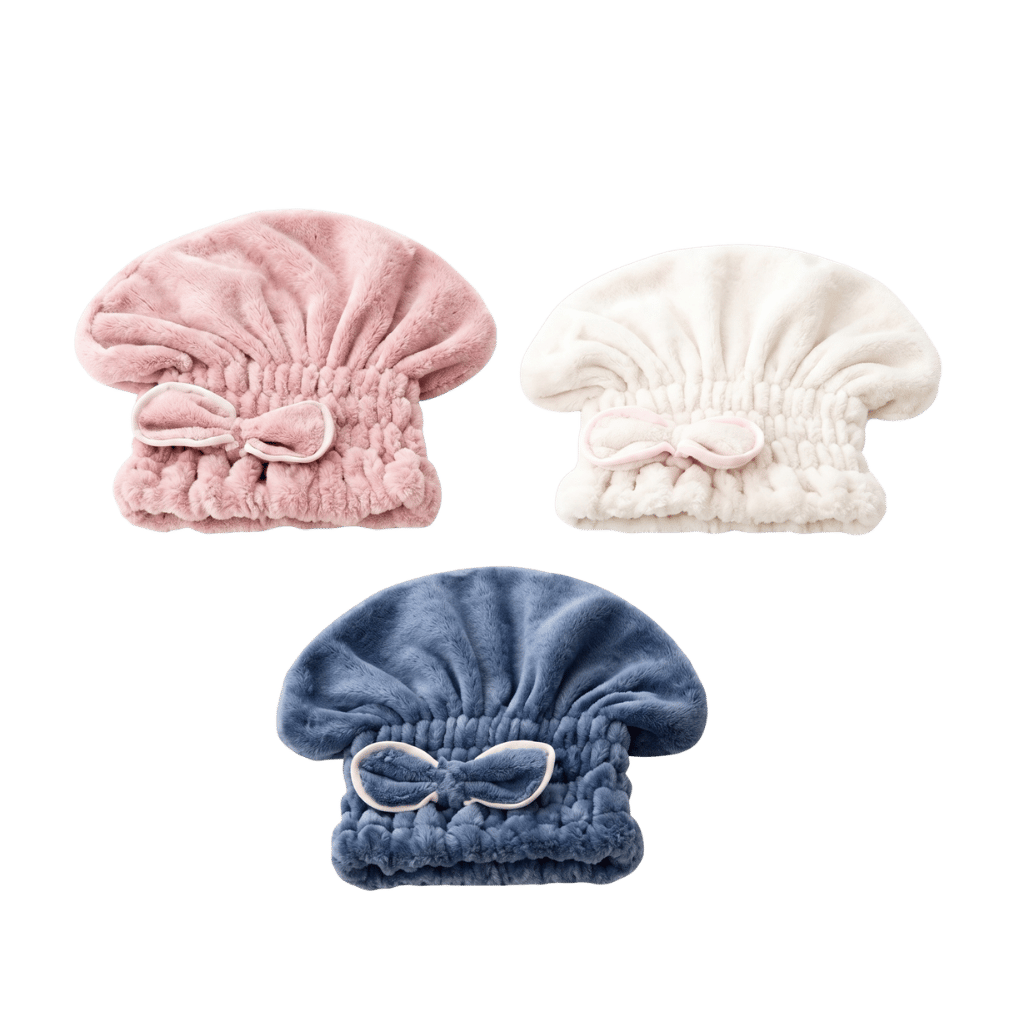 Super Absorbent Hair Towel Wrap Kit in pink, white, and blue colors for quick and gentle hair drying.