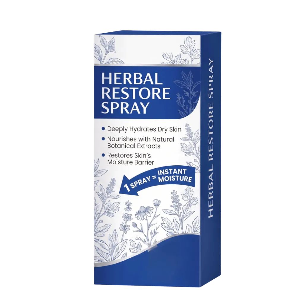 Herbal Restore Spray packaging showcasing its benefits for deep hydration and moisture restoration.