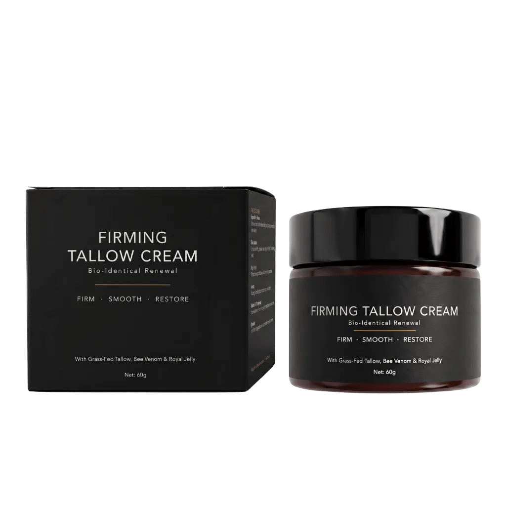 Firming Tallow Cream jar and packaging promoting firmer, smoother skin and revitalized appearance.