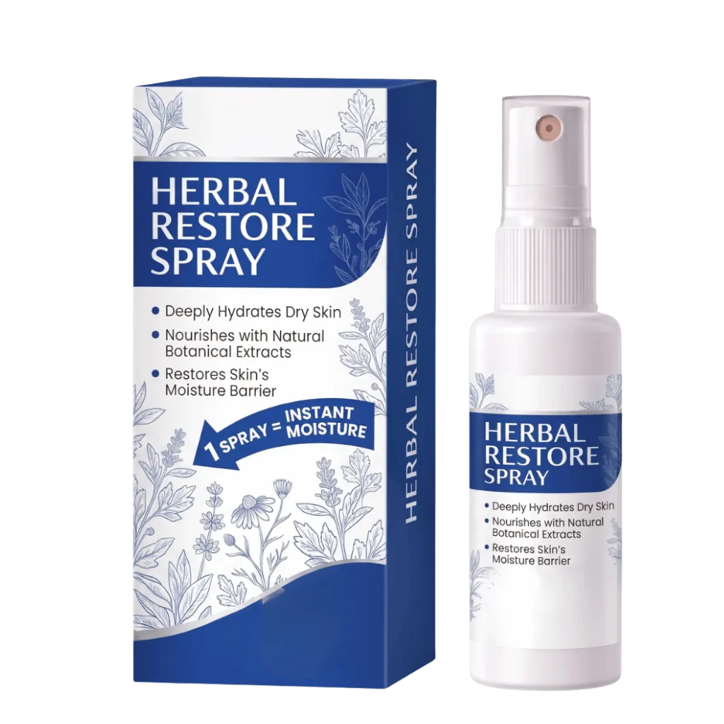 Herbal Restore Spray in a bottle with a box, designed to deeply hydrate and nourish dry skin.