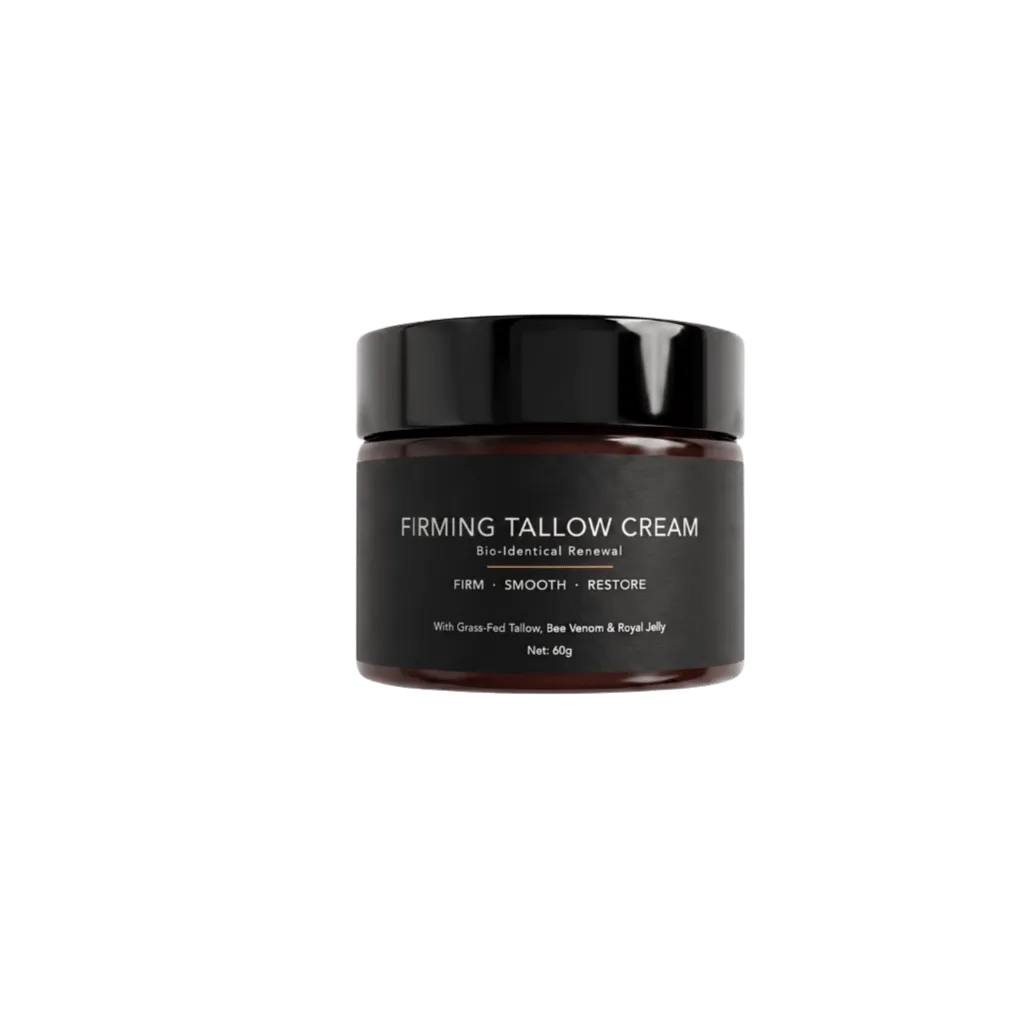 Firming Tallow Cream jar with a sleek black label, promoting firmer and smoother skin.