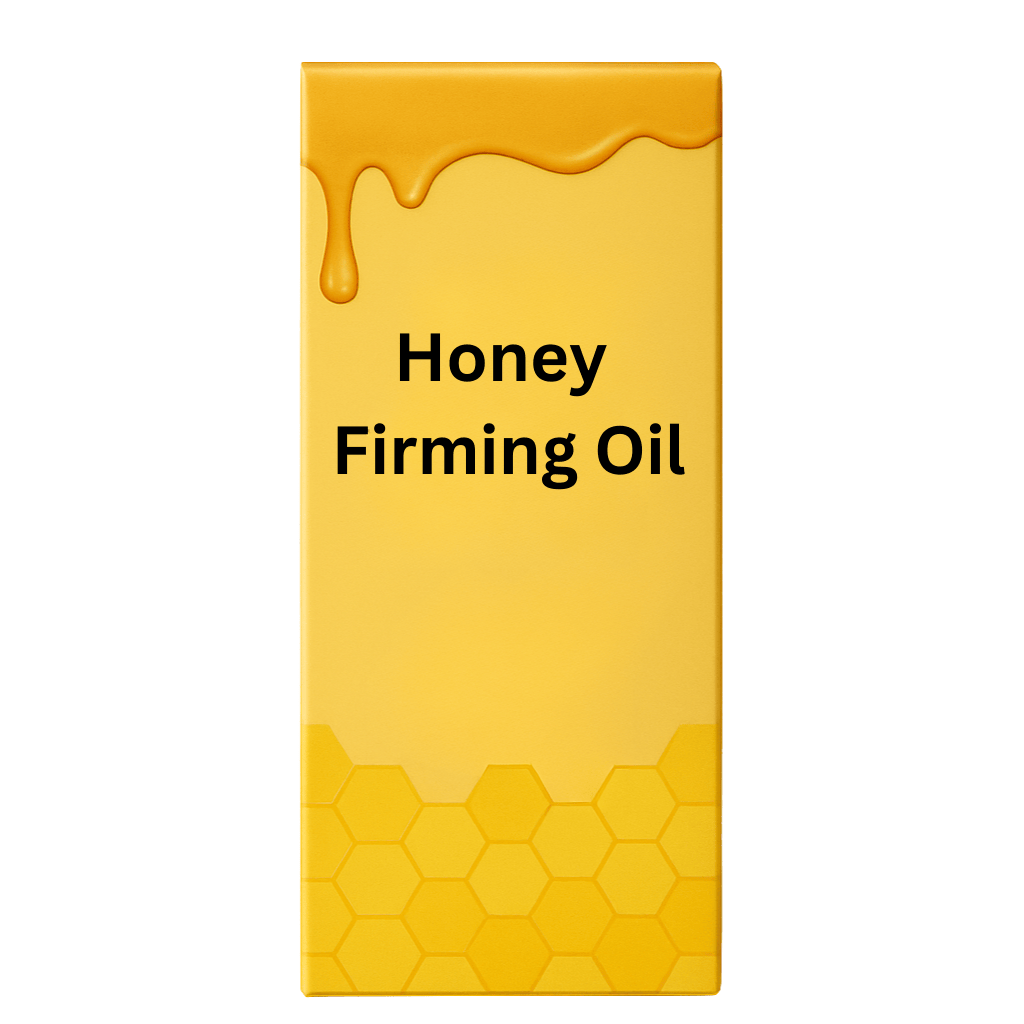 Honey Firming Oil packaging, showcasing a vibrant yellow design with a honey drip and hexagonal pattern.