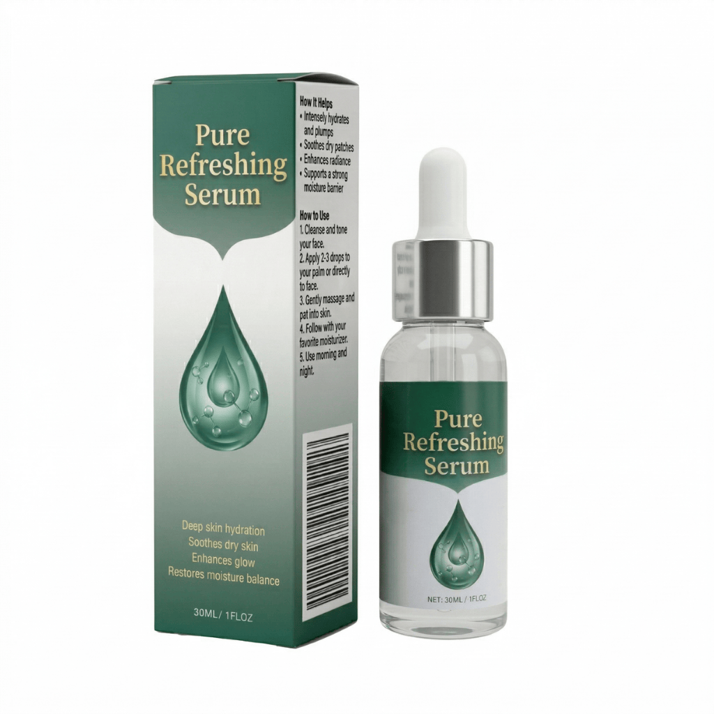 Premium Pure Refreshing Serum in a dropper bottle with hydrating properties for radiant skin.