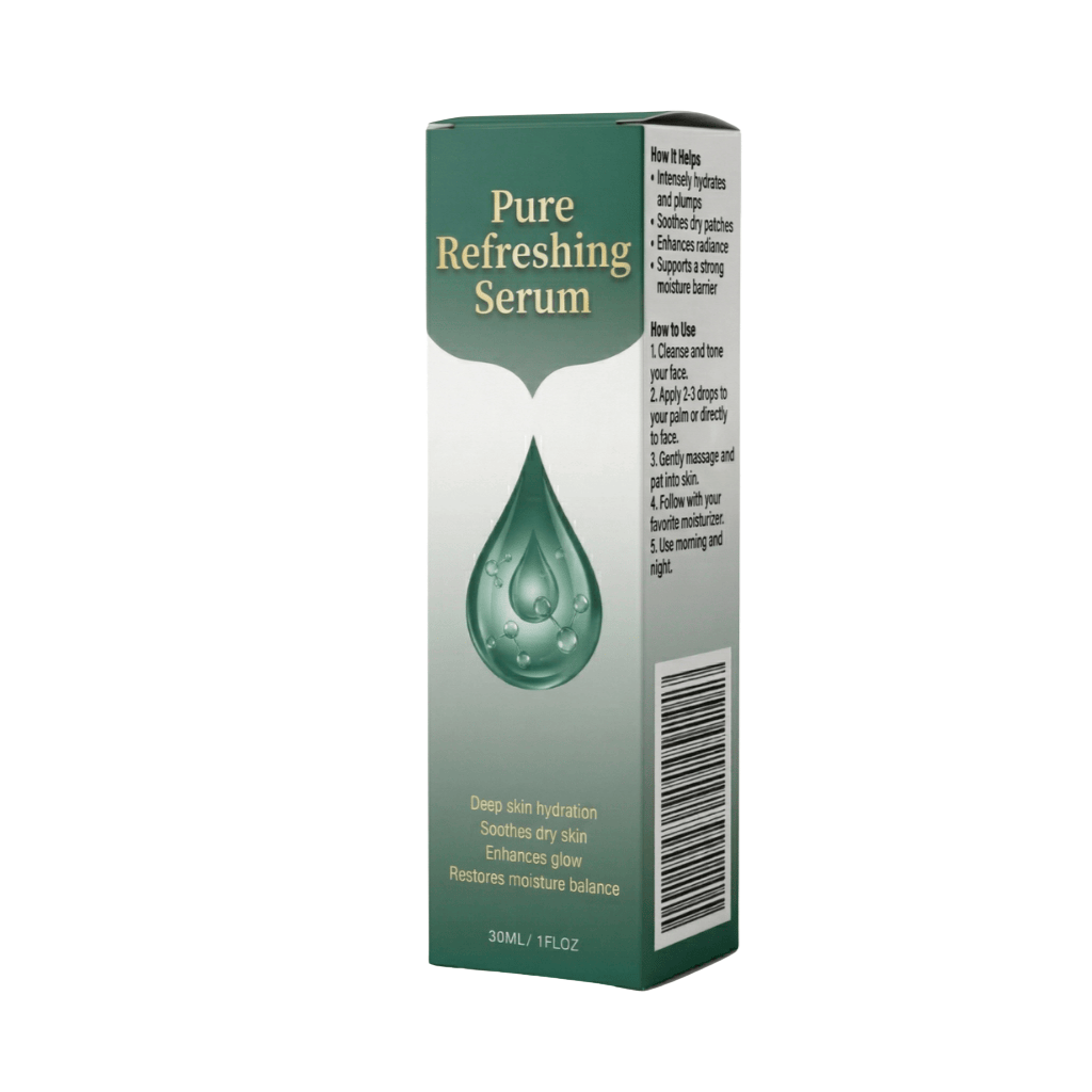 Premium Pure Refreshing Serum box featuring hydrating formula and benefits for skin rejuvenation.