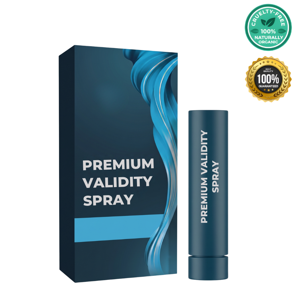 Premium Validity Spray bottle and packaging featuring a clean design, cruelty-free and naturally organic certification.