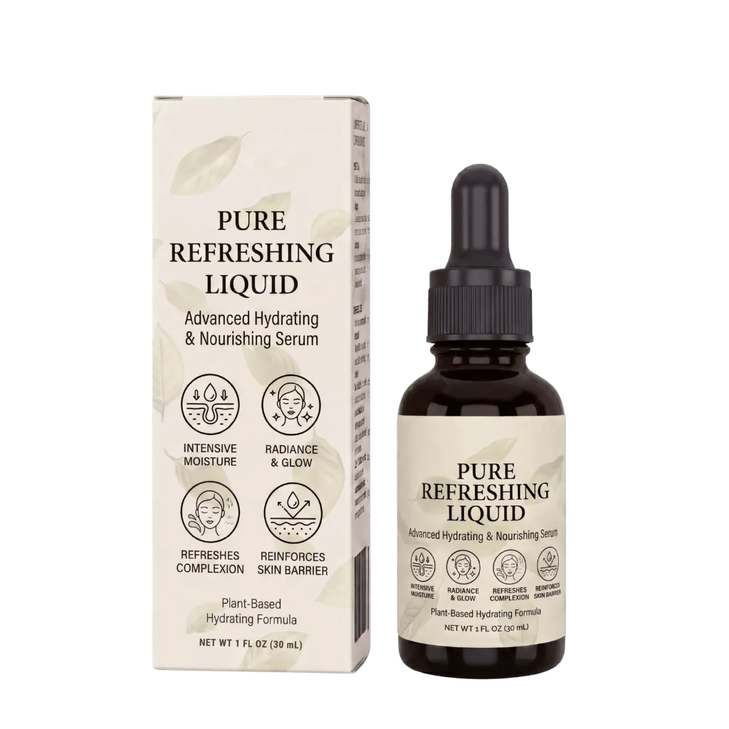 Pure Refreshing Liquid serum bottle with packaging, designed for intensive moisture and skin nourishment.