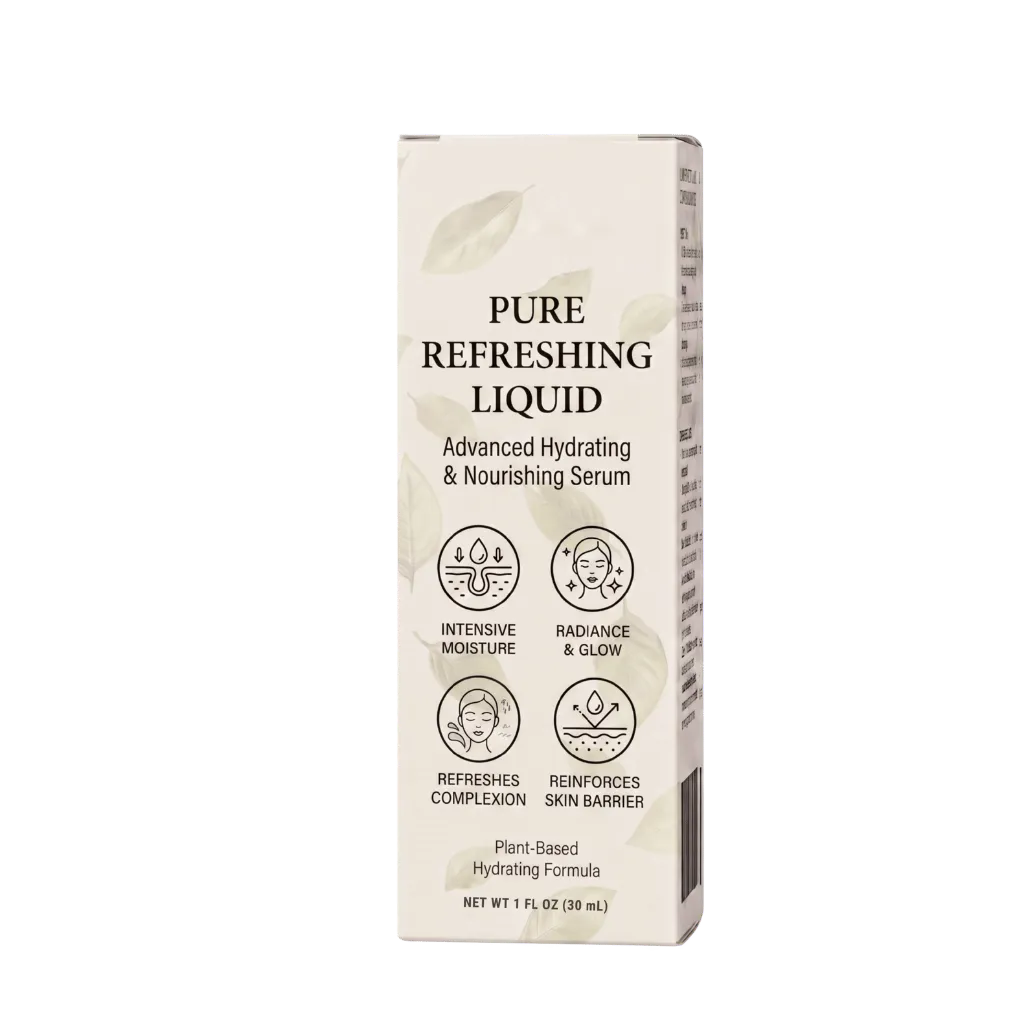 Pure Refreshing Liquid hydrating serum packaging, plant-based formula for intense moisture and skin nourishment.
