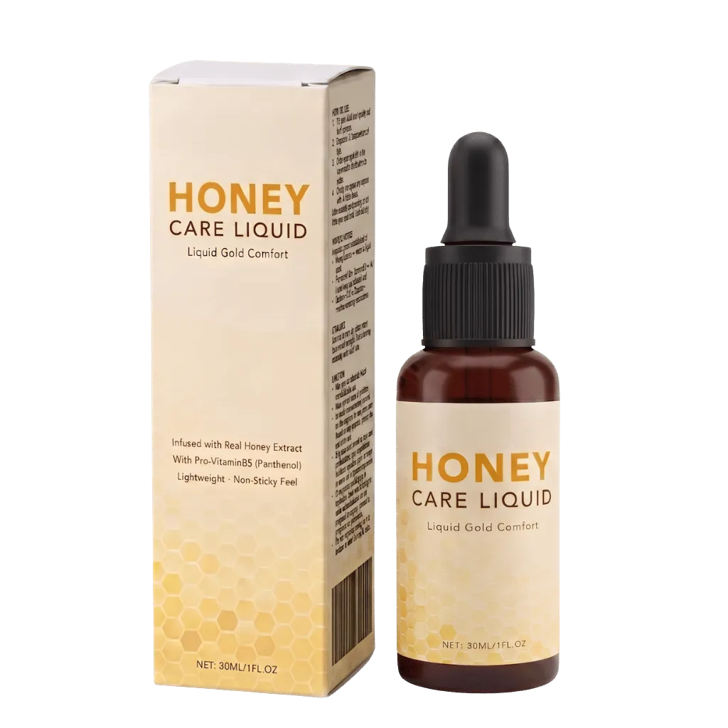 Honey Care Liquid bottle and packaging, lightweight beauty care for skin nourishment and hydration.