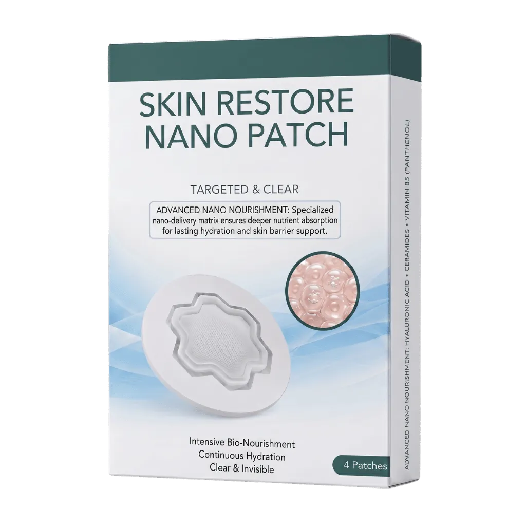 Luxe Skin Restore Nano Patch packaging showcasing advanced hydration and nutrient absorption for healthy skin.