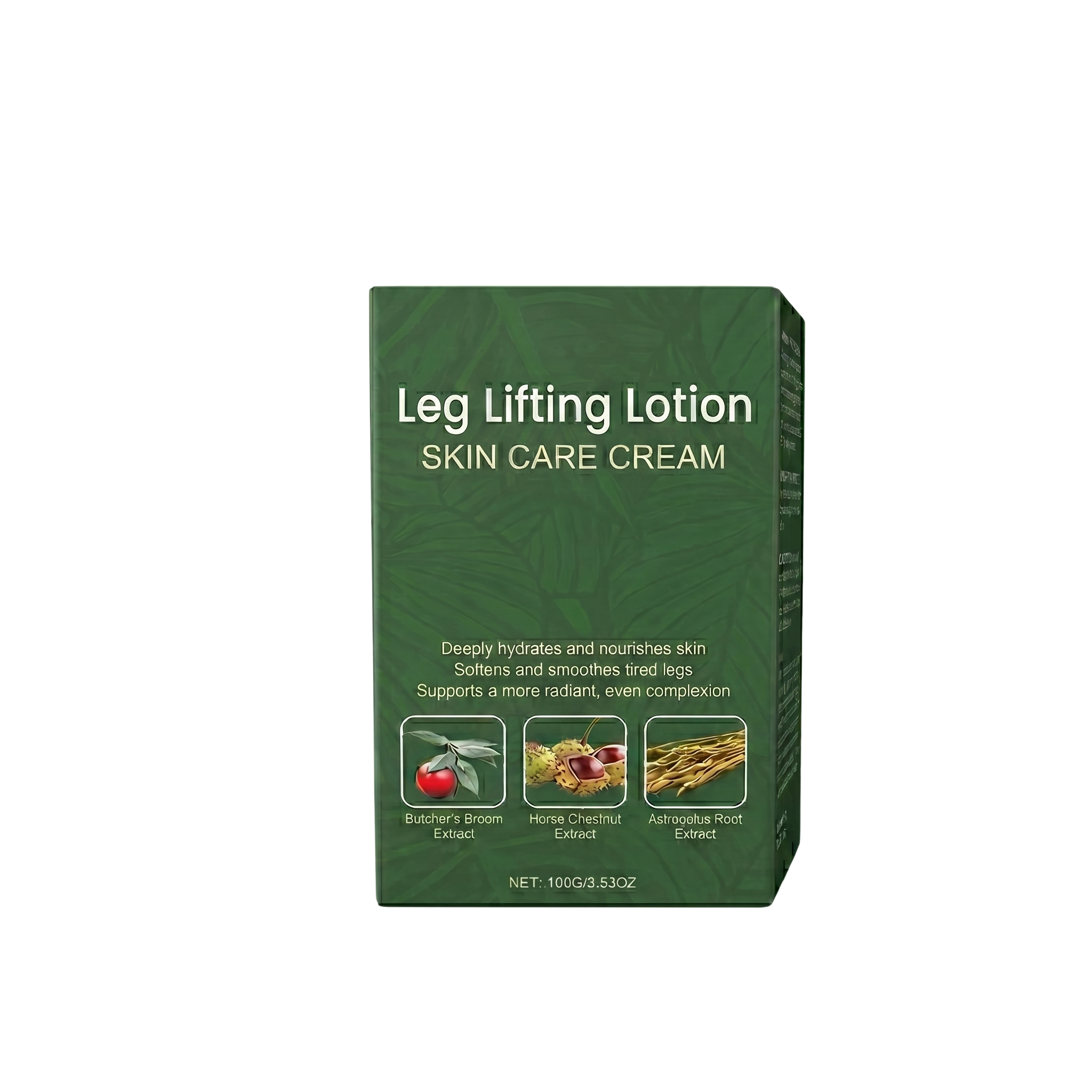 Leg Lifting Lotion packaging showcasing its skin care benefits and nourishing ingredients for smoother, firmer legs.
