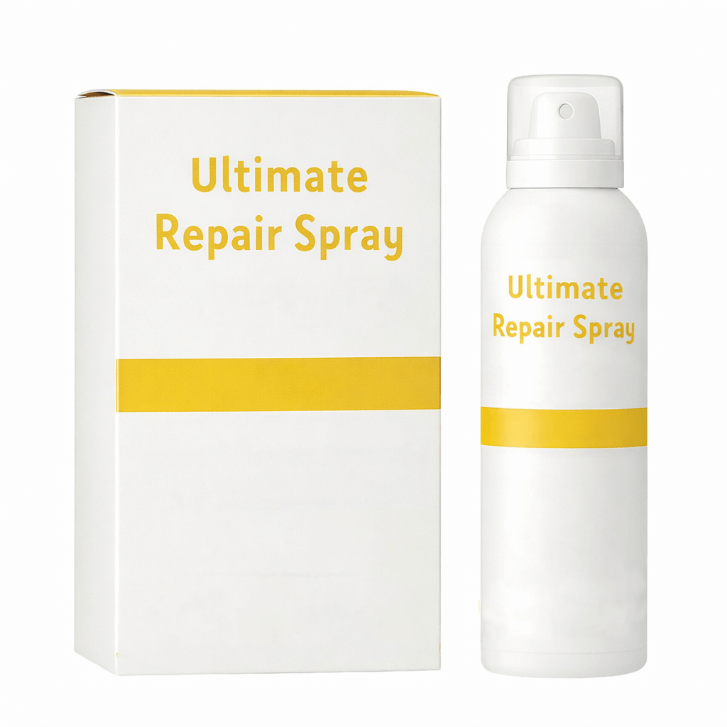 Image of Ultmate Repair Spray bottle and packaging featuring a clean, minimalist design with yellow accents.