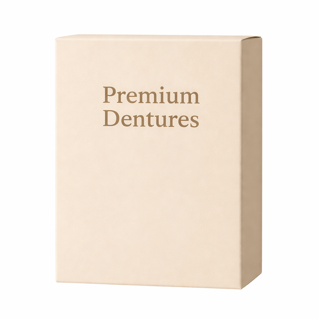 Premium Dentures packaging showcasing elegance and quality for enhanced natural beauty.