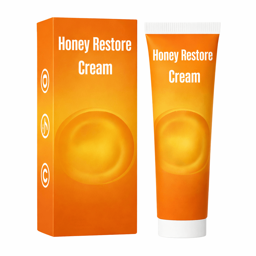 Honey Restore Cream packaging and tube, showcasing luxurious skincare for hydrated and radiant skin.