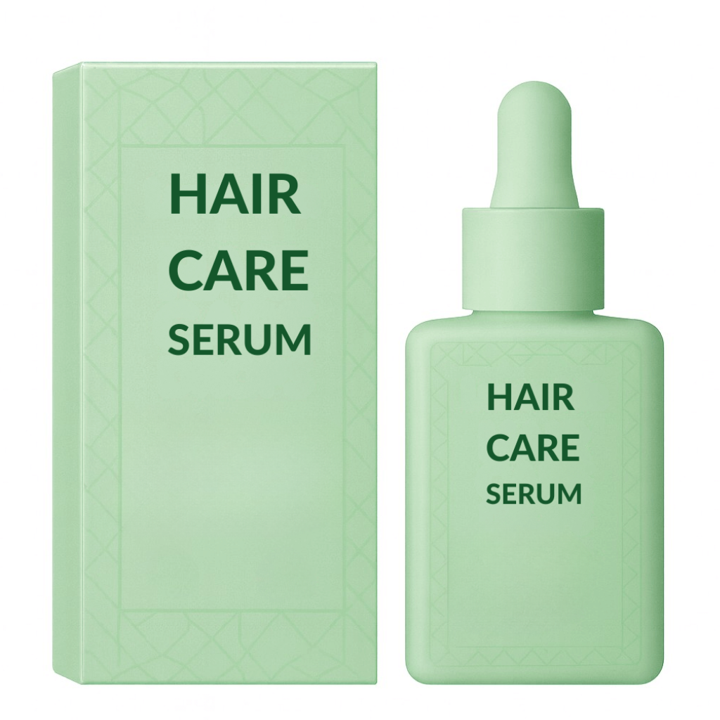 Hair Care Serum bottle and packaging featuring a green design, highlighting its beauty-enhancing benefits.