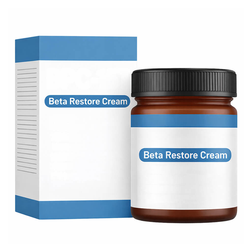 Beta Restore Cream jar and box packaging used for nourishing skin and enhancing natural beauty.