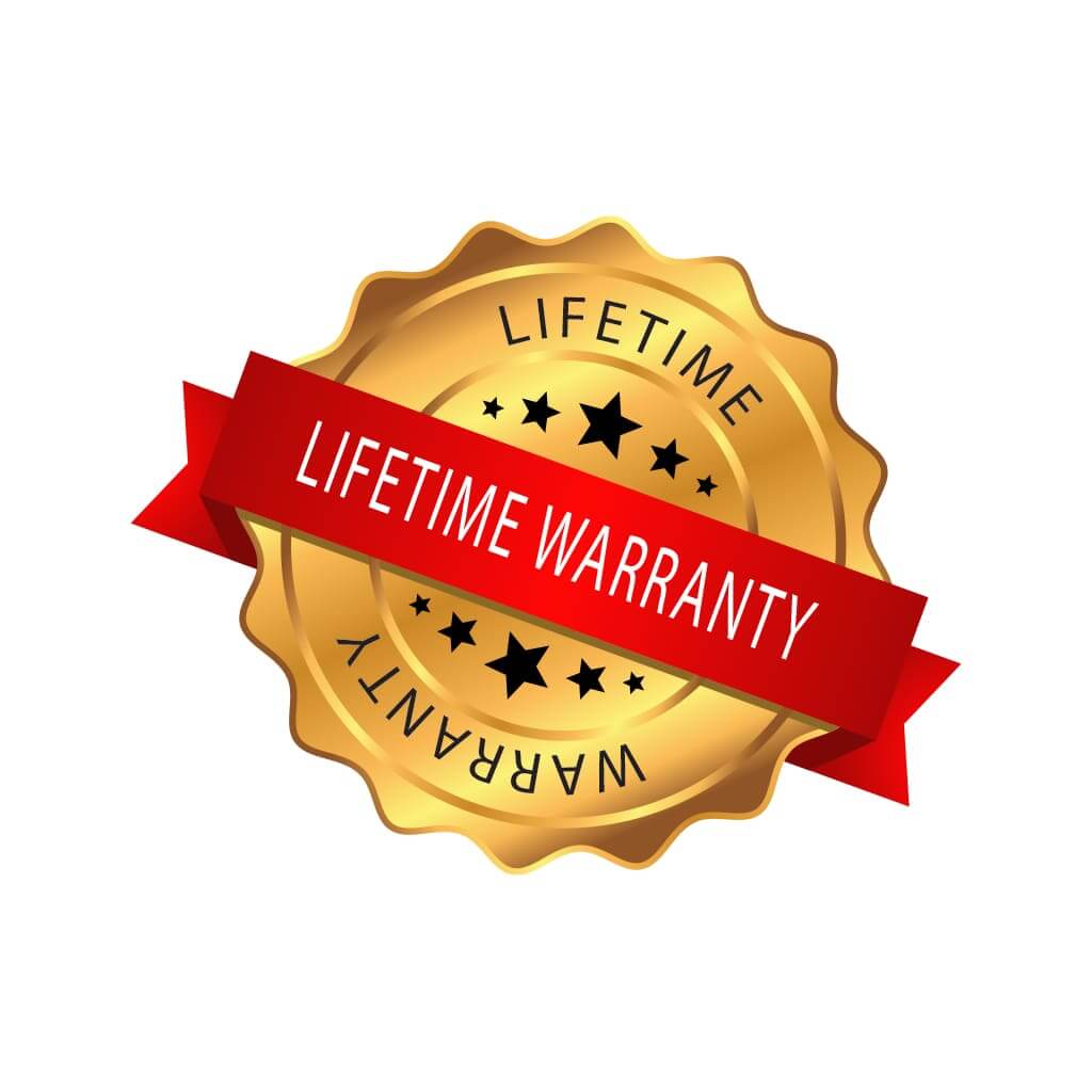 Lifetime Warranty badge with gold seal and red ribbon highlighting product assurance.