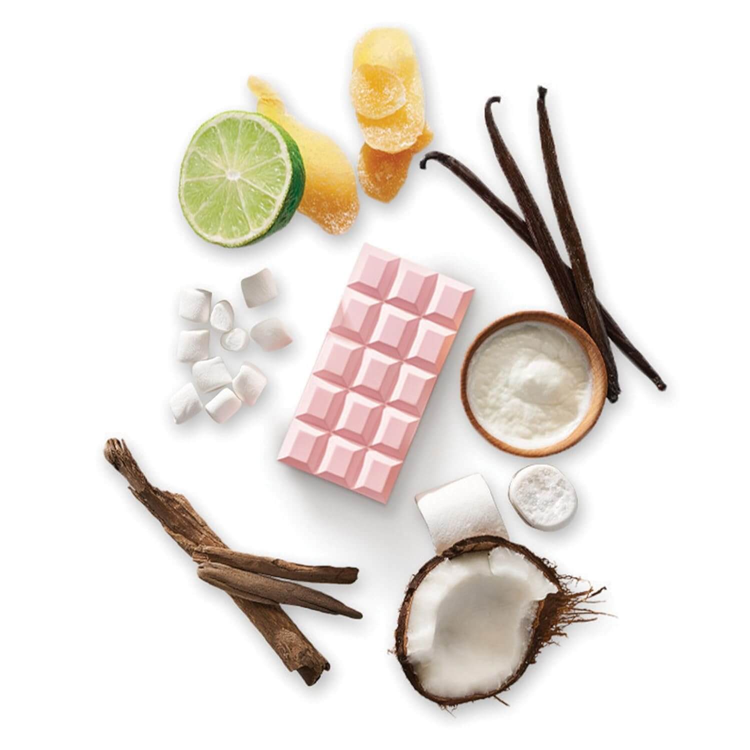 Revibe Zen Aroma Elegance ingredients including citrus, vanilla, coconut, and marshmallows arranged aesthetically.