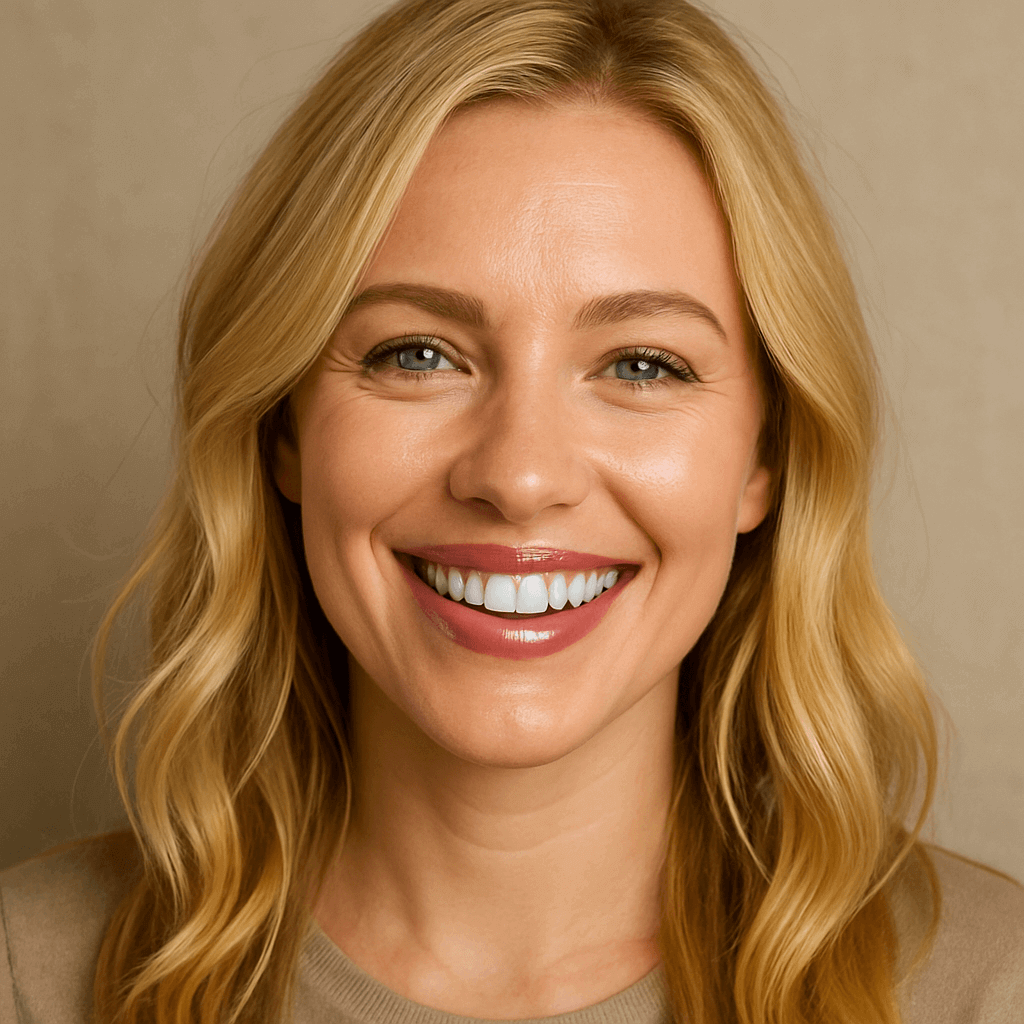 Smiling woman showcasing radiant lips with Luxurious Essence Oil for beauty care and natural radiance.