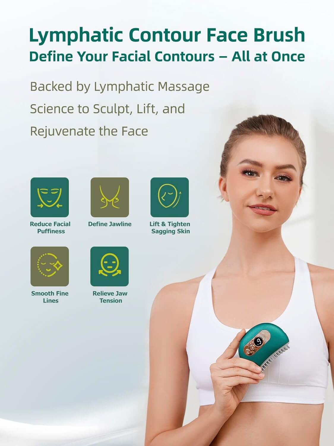 Revibe Zen LED Sculpting Massager in use, showcasing benefits for skin rejuvenation and contouring.