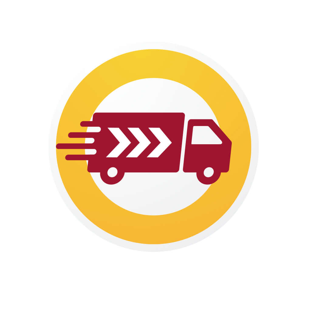 Icon representing Priority Shipping with a fast-moving delivery truck on a yellow background.
