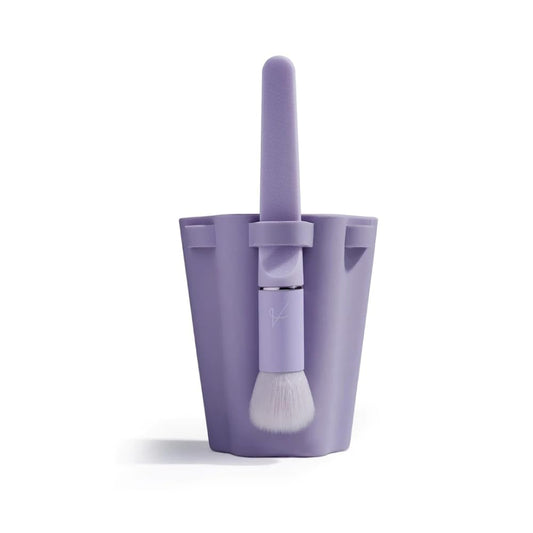 Revibe Zen Brush & Holder Set featuring a sleek brush and soft-touch purple silicone holder.