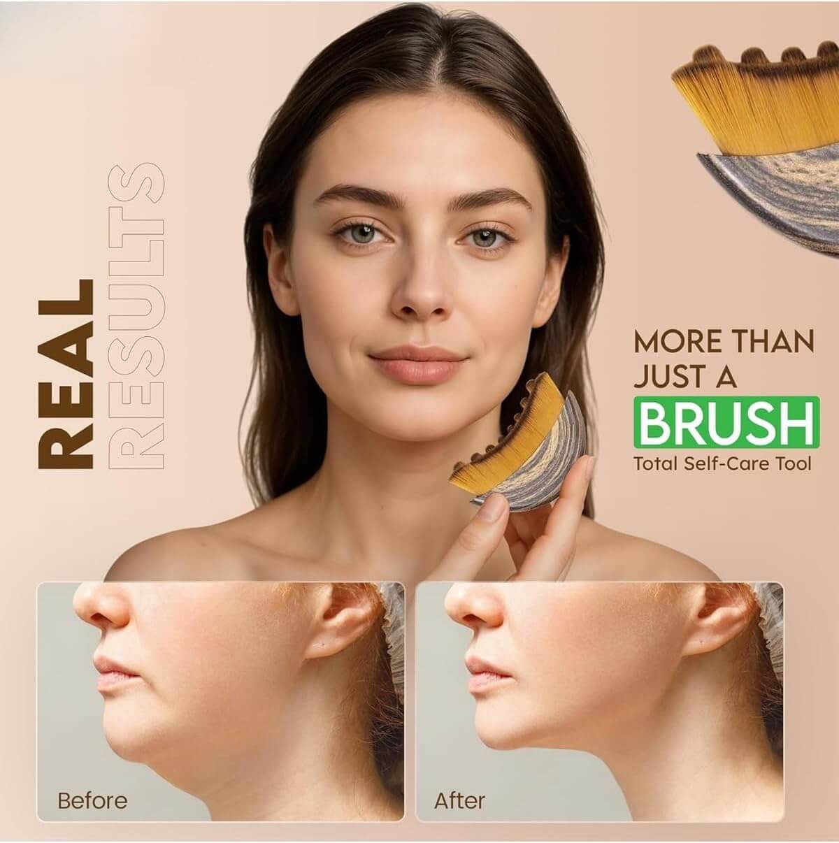 Revibe Zen Contour Sculpting Brush showing real results with before and after images of facial contouring and skin improvement.