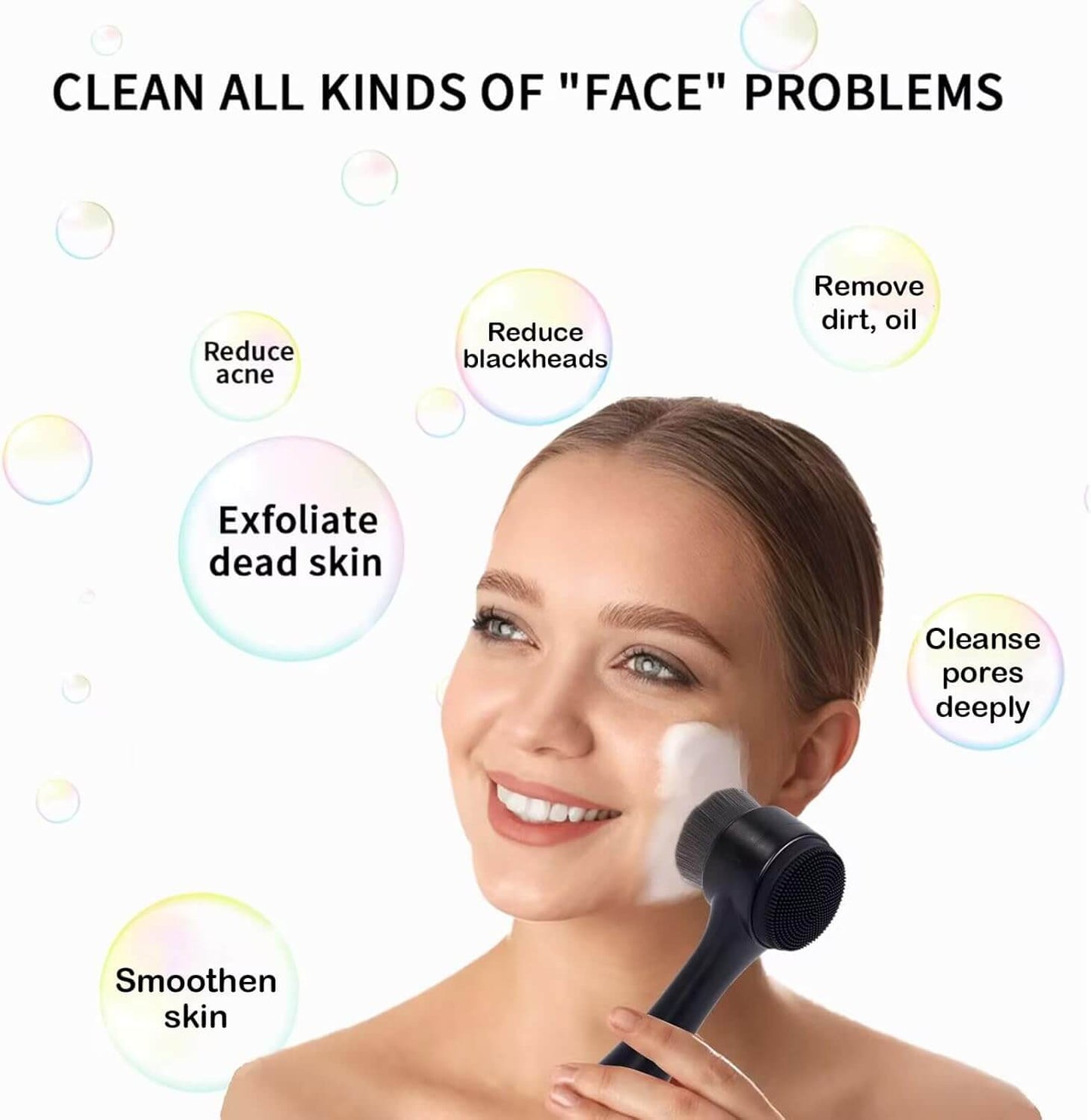 Revibe Zen Dual-Action Facial Cleansing Brush displayed with benefits for cleaning skin and reducing face problems.