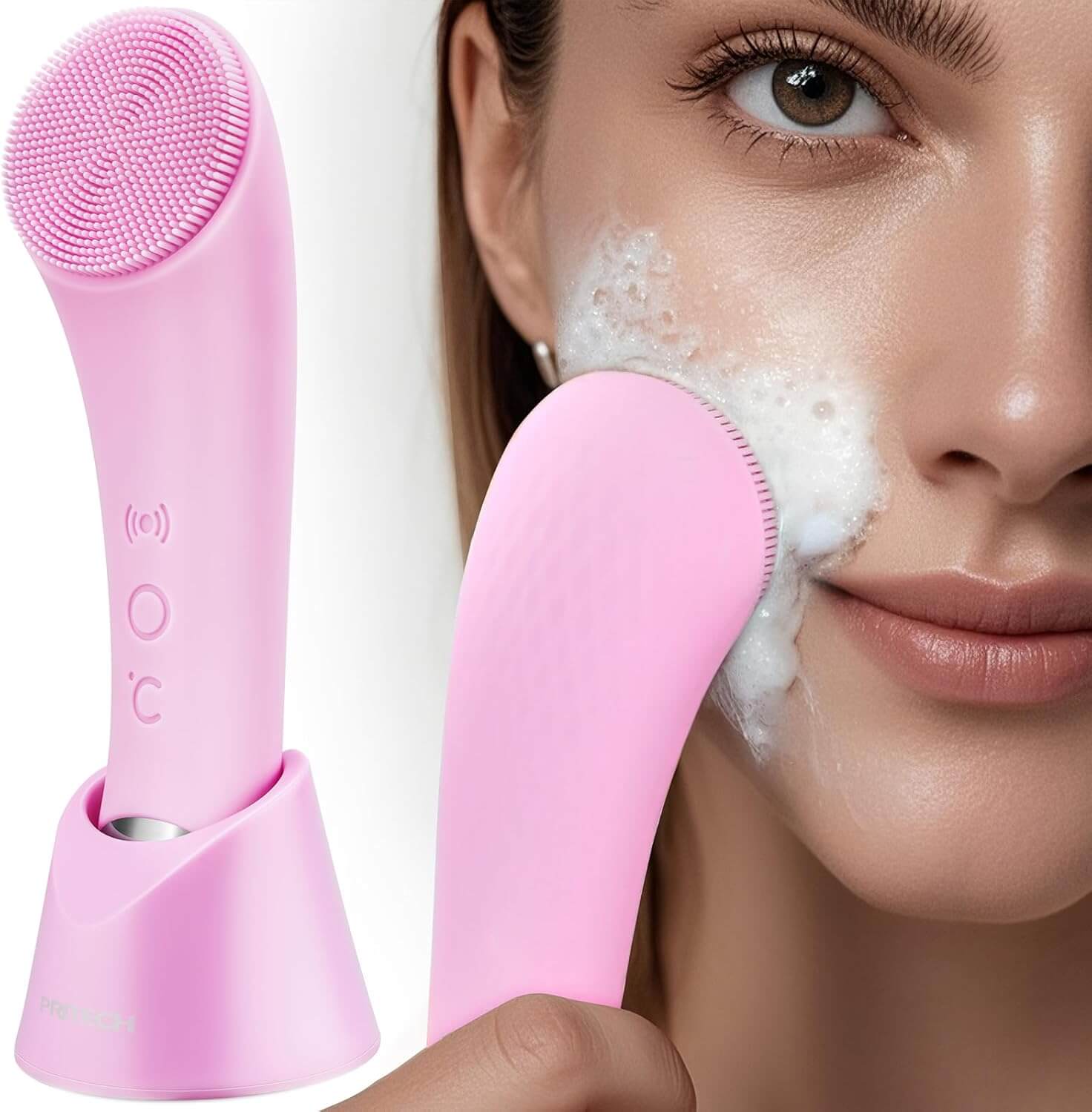 Revibe Zen Facial Cleansing Brush in use, showing facial cleansing and exfoliation for radiant skin.