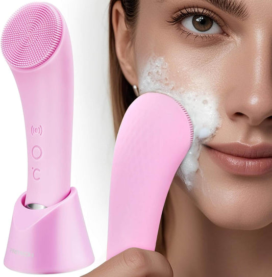 Revibe Zen Facial Cleansing Brush in use, featuring a pink silicone design for deep cleansing and revitalization.