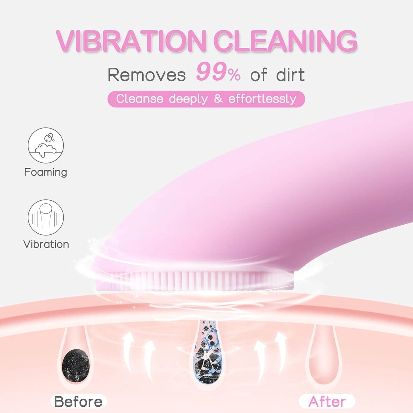 Revibe Zen Facial Cleansing Brush demonstrating vibration cleaning to remove 99% of dirt and cleanse deeply.