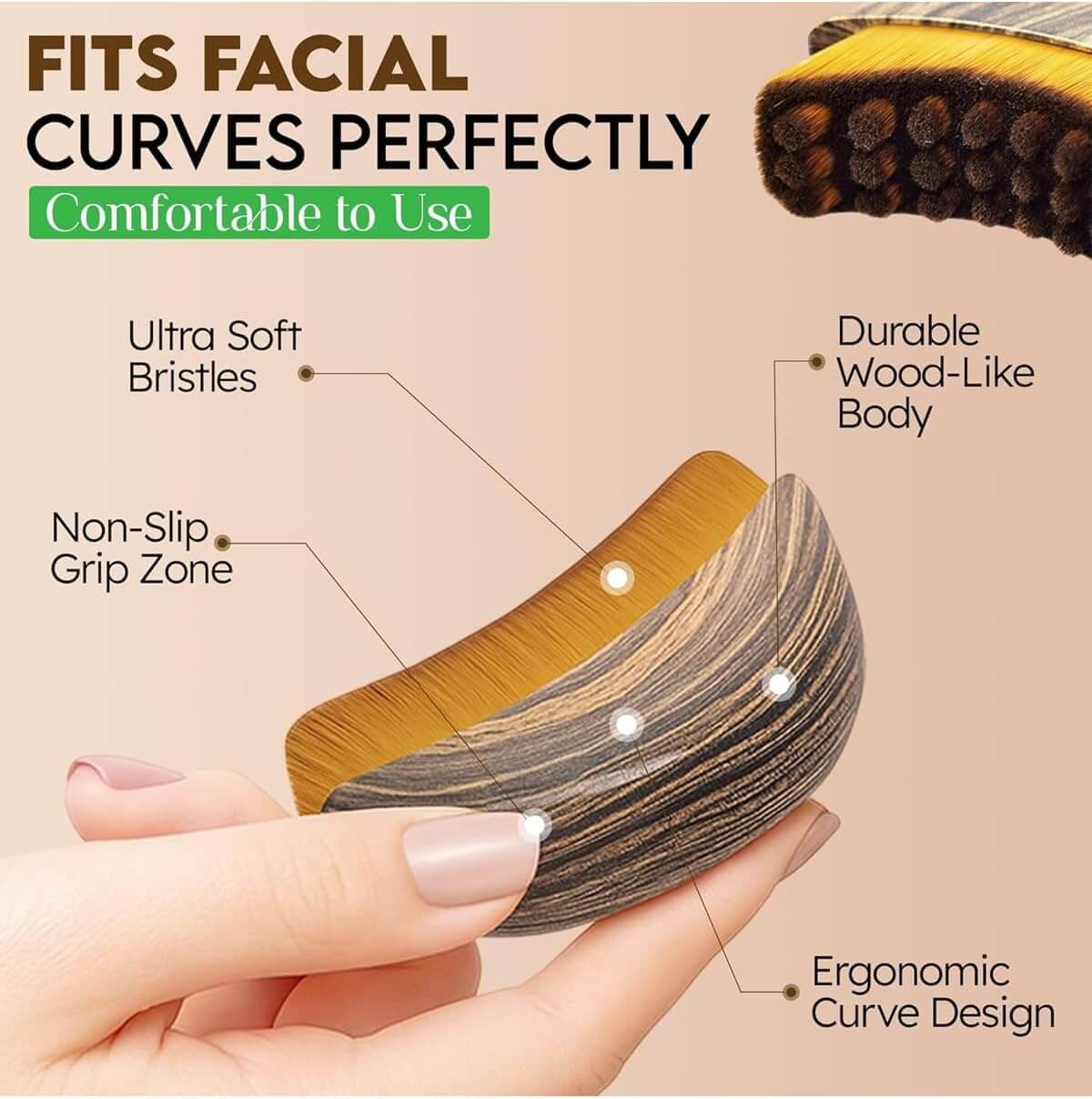 Revibe Zen Facial Sculpting Brush showing ultra soft bristles, wood-like body, and ergonomic curve design.