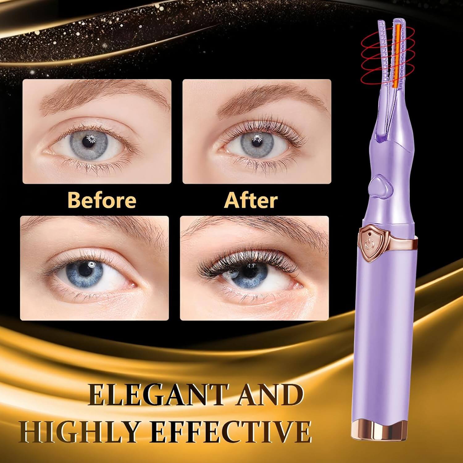 Revibe Zen Heated Eyelash Curler showcasing before and after results for beautiful, long-lasting curls.