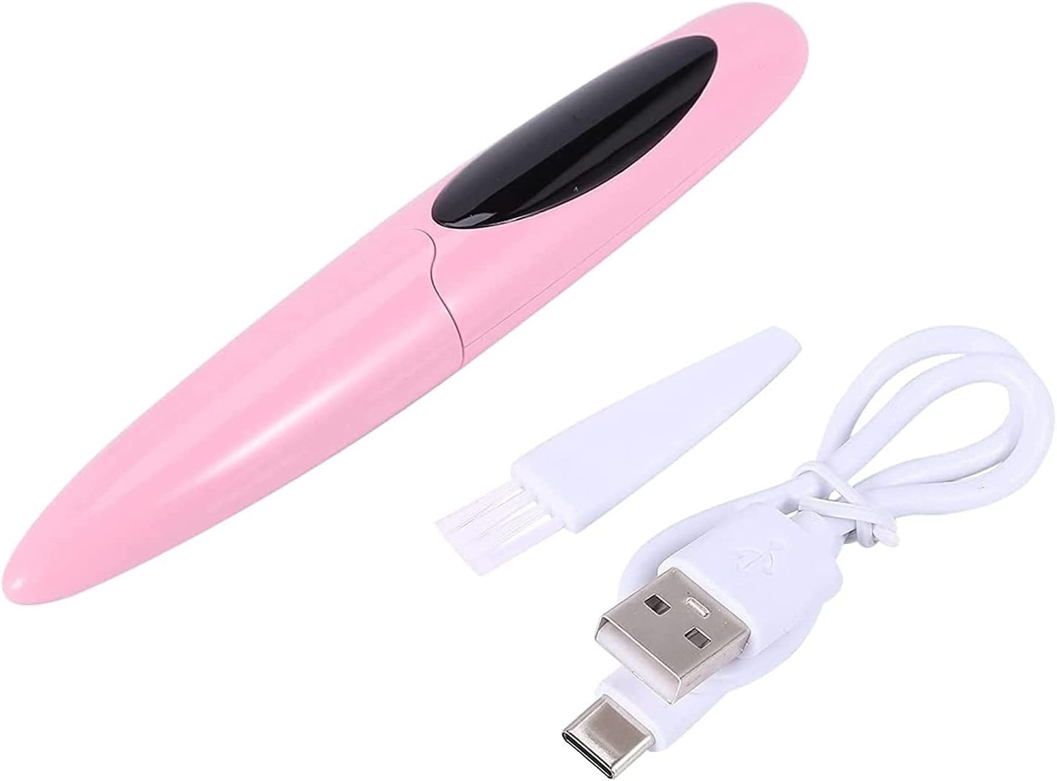 Revibe Zen Heated Eyelash Curler with white cleaning brush and USB charging cable, stylish pink design.