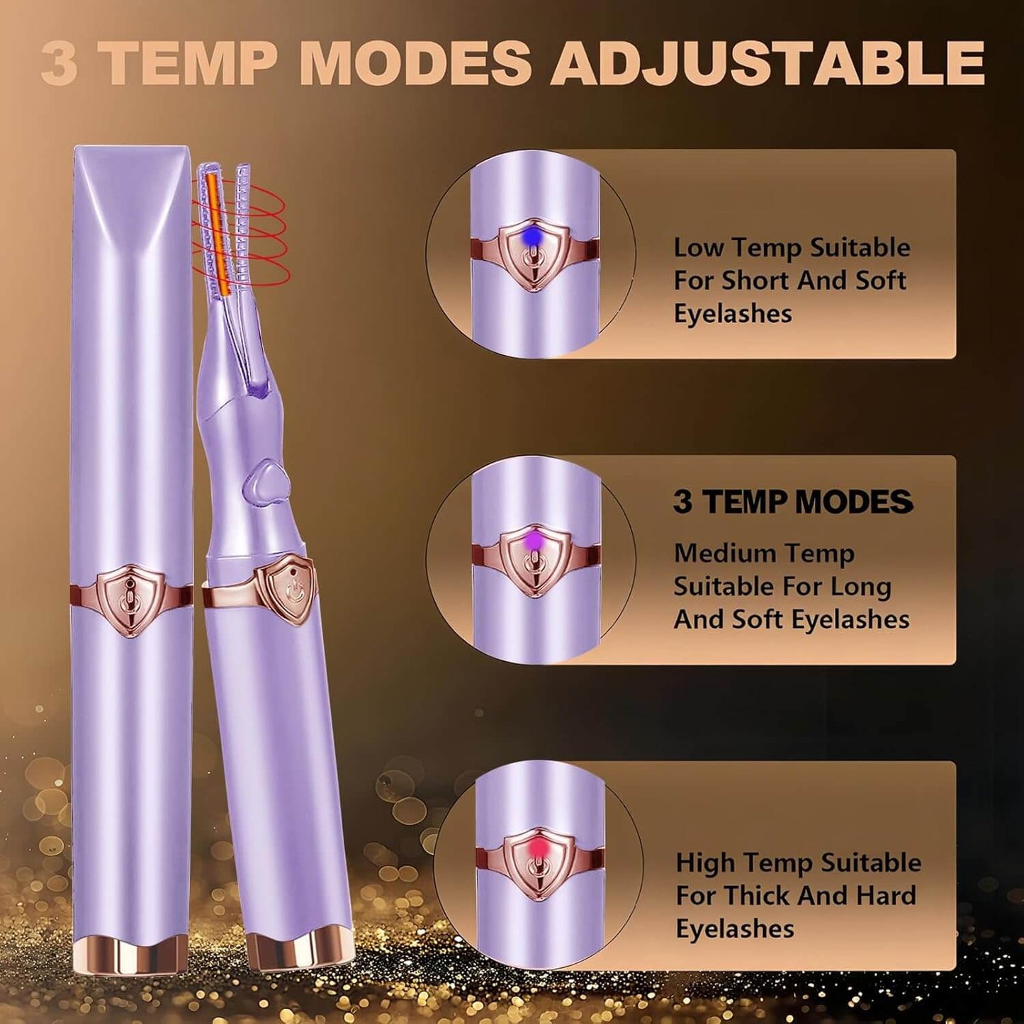 Revibe Zen Heated Lash Curler showcasing 3 adjustable temperature modes for optimal curling.